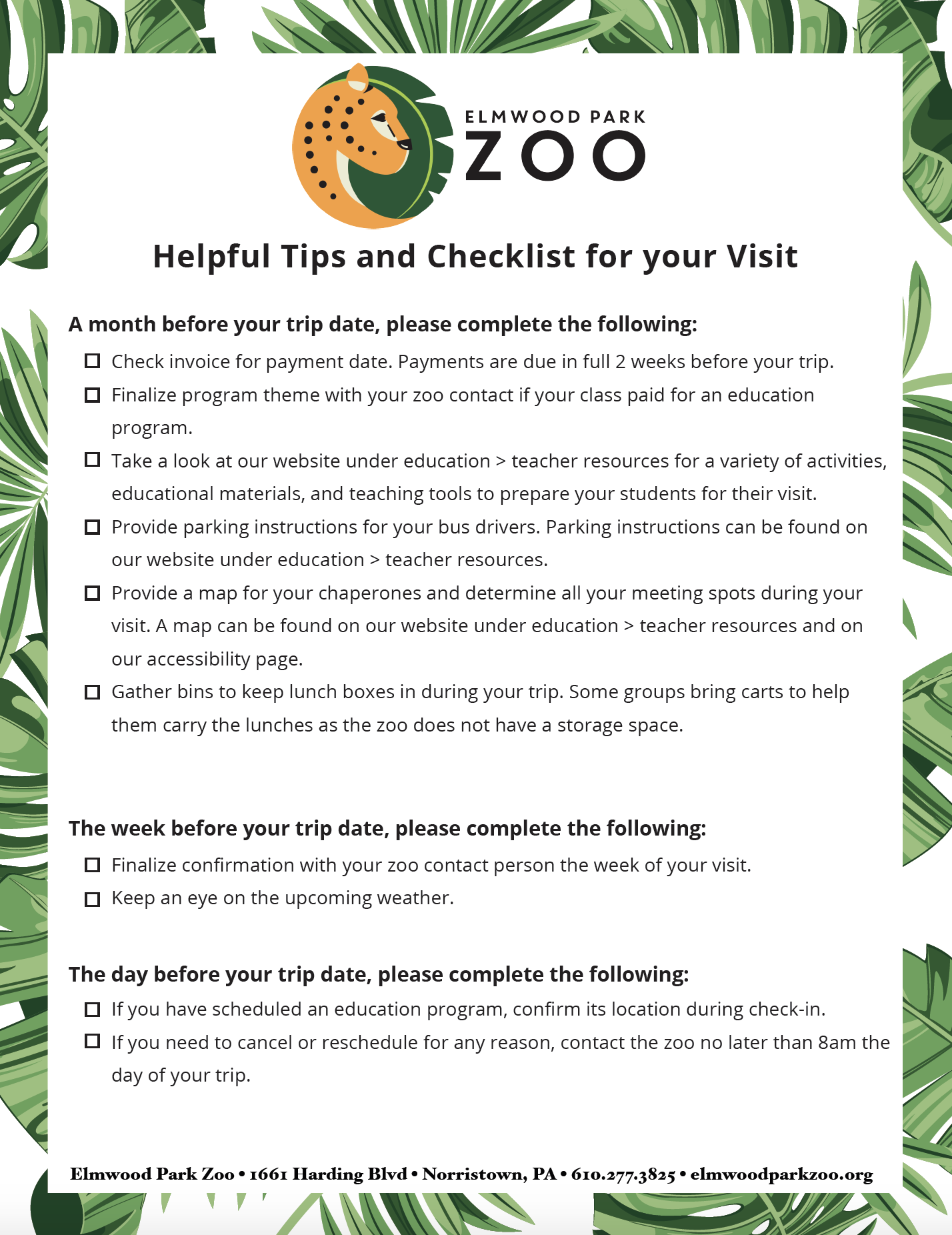 Tips and Checklist Elmwood Park Zoo